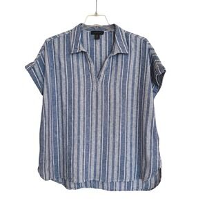 Tahari Womens 1X Blue White Striped Linen Blend V-Neck Dolman Sleeve Tunic Top